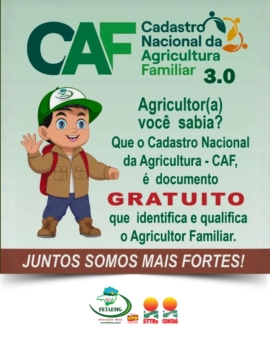 O Cadastro da Agricultura Familiar (CAF) é o principal instrumento de reconhecimento do agricultor e da agricultora familiar às políticas públicas. O Cadastro da Agricultura Familiar (CAF) é o principal instrumento de reconhecimento do agricultor e da agricultora familiar às políticas públicas.