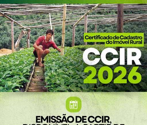 A partir de 19 de maio de 2026, estará disponível a emissão do Certificado de Cadastro de Imóvel Rural (CCIR) 2026.